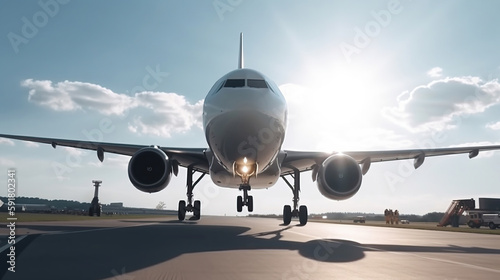 plane taking off from airport runways for traveling and transport business. Generative AI