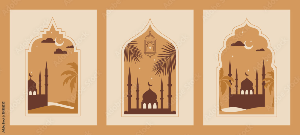 Set of Oriental style Islamic window, arch with lantern, mosque, palms and stars. For islamic holiday. Ramadan traditions. Eid-al-Fitr greeting - obrazy, fototapety, plakaty 