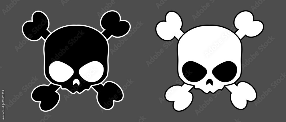 Skull with crossed bones icon. Comic style. T-shirt print for Horror or Halloween. Vector illustration isolated on background.