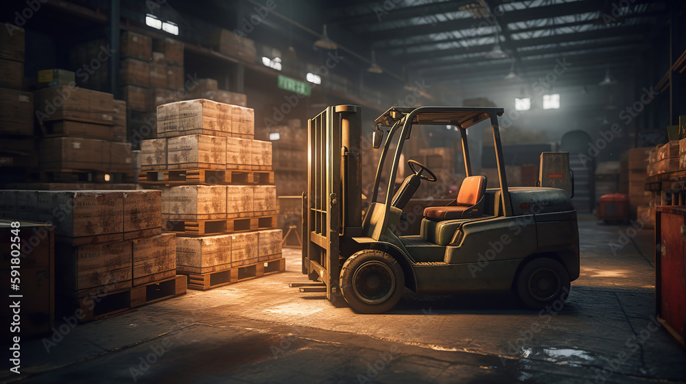 forklift transport heavy loads of inventory from one end of the warehouse. Generative AI