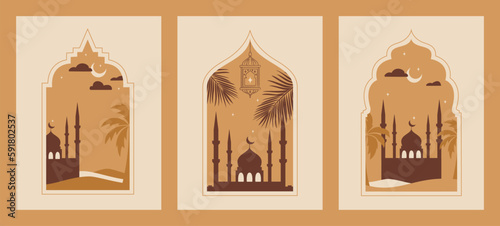 Set of Oriental style Islamic window, arch with lantern, mosque, palms and stars. For islamic holiday. Ramadan traditions. Eid-al-Fitr greeting