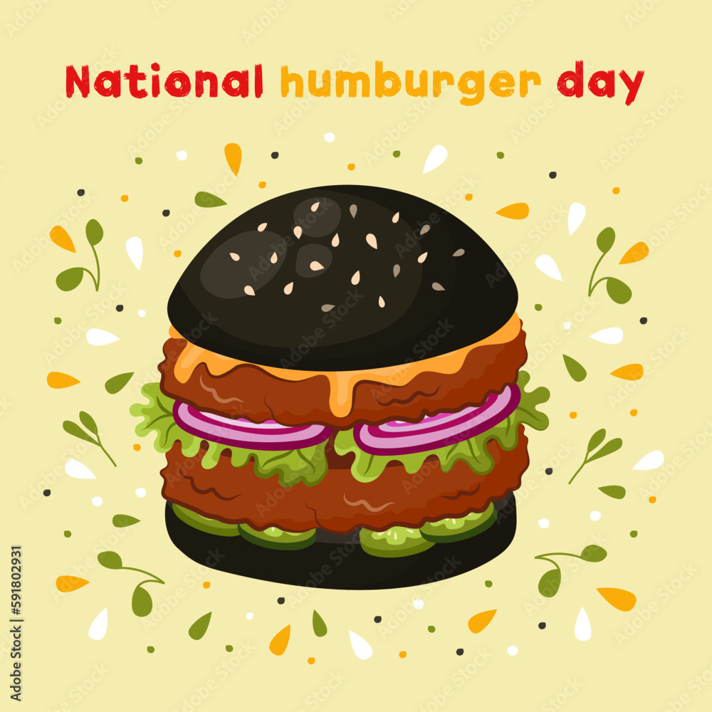 National Hamburger Day poster. Hamburger in cartoon style. Perfect for fast food restaurants. Vector. National Hamburger Day poster. Hamburger in cartoon style. Perfect for fast food restaurants. Vector.