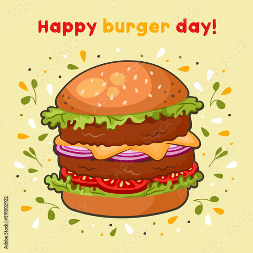 МакетиHappy burger day poster. Hamburger illustration in cartoon style. Perfect for fast food restaurants. Vector.