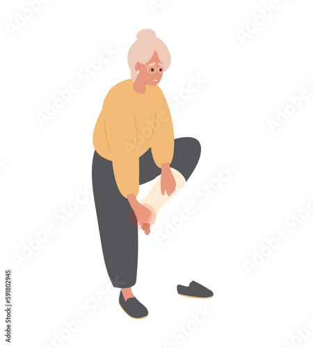 Old Woman with broken foot, leg in cast