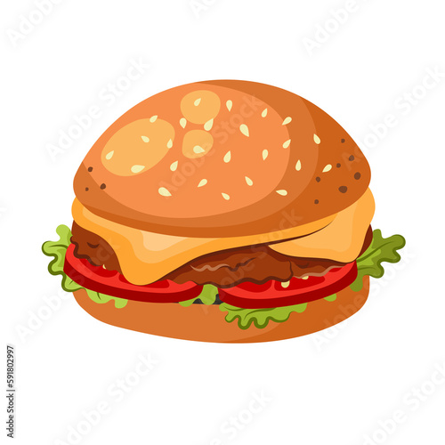 Cheeseburger illustration in cartoon style. Perfect for fast food delivery menus and cafe posters. Transparent PNG.