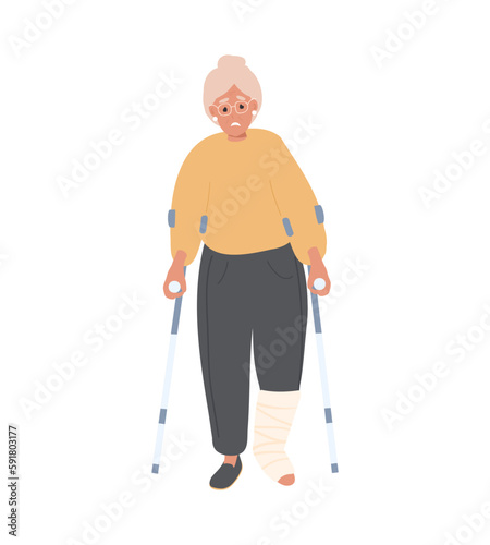 Old Woman with crutches and broken foot