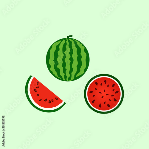 Fresh green watermelon with slices vector design watermelon fruit icon cartoon clipart illustrations.