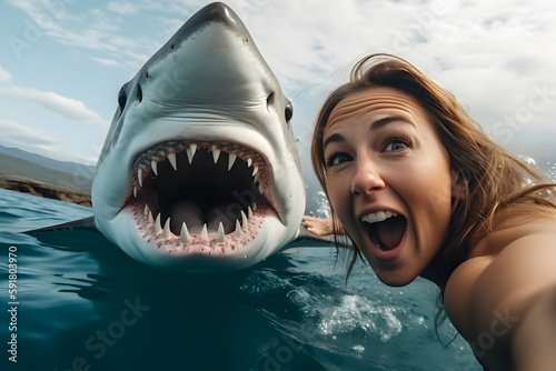 Woman in the sea taking a selfie with a shark  Generative AI