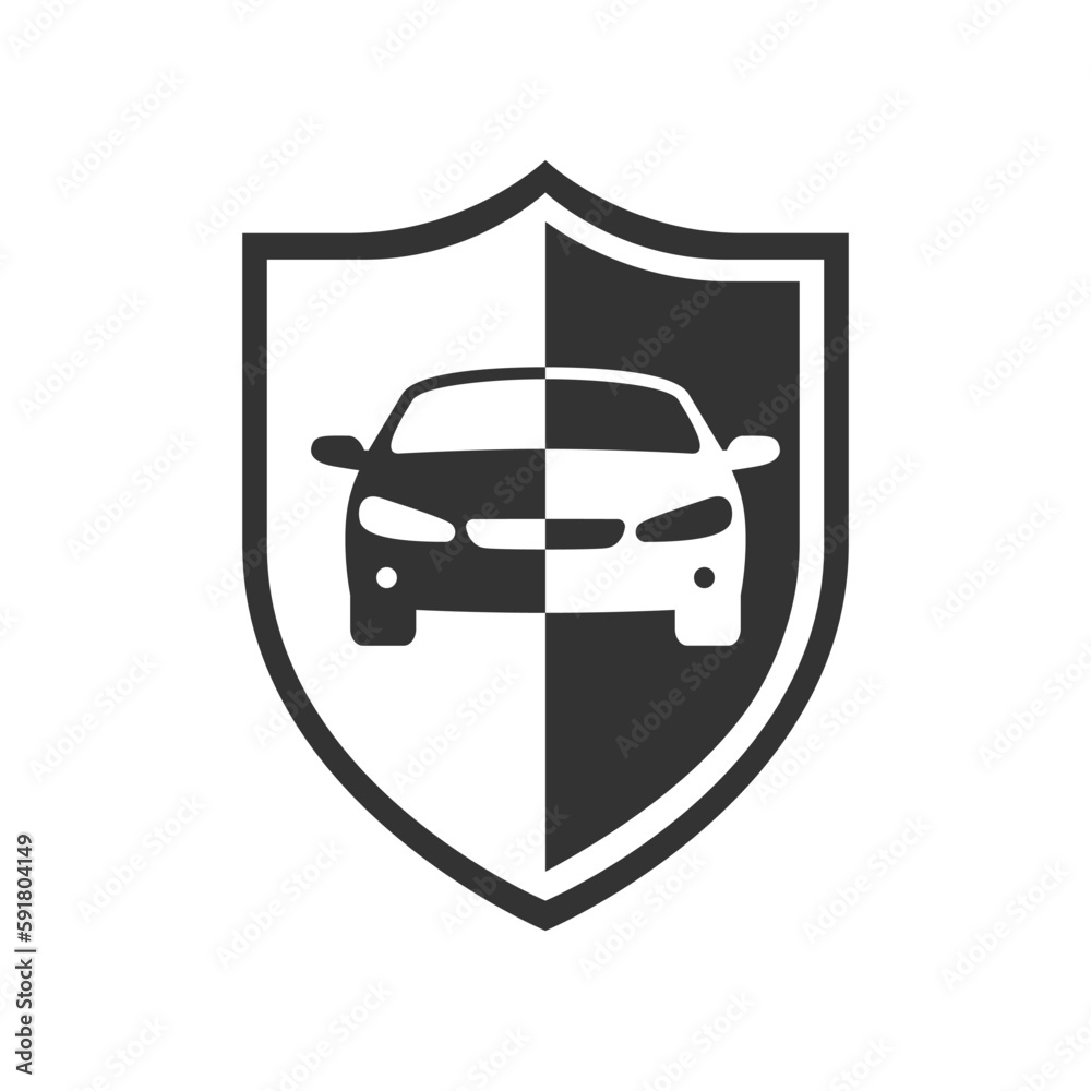 Car on the shield graphic icon. Car insurance sign isolated on white background. Symbol of protections car. Vector illustration Car on the shield graphic icon. Car insurance sign isolated on white background. Symbol of protections car. Vector illustration