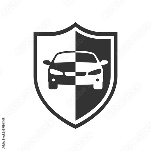 Car on the shield graphic icon. Car insurance sign isolated on white background. Symbol of protections car. Vector illustration