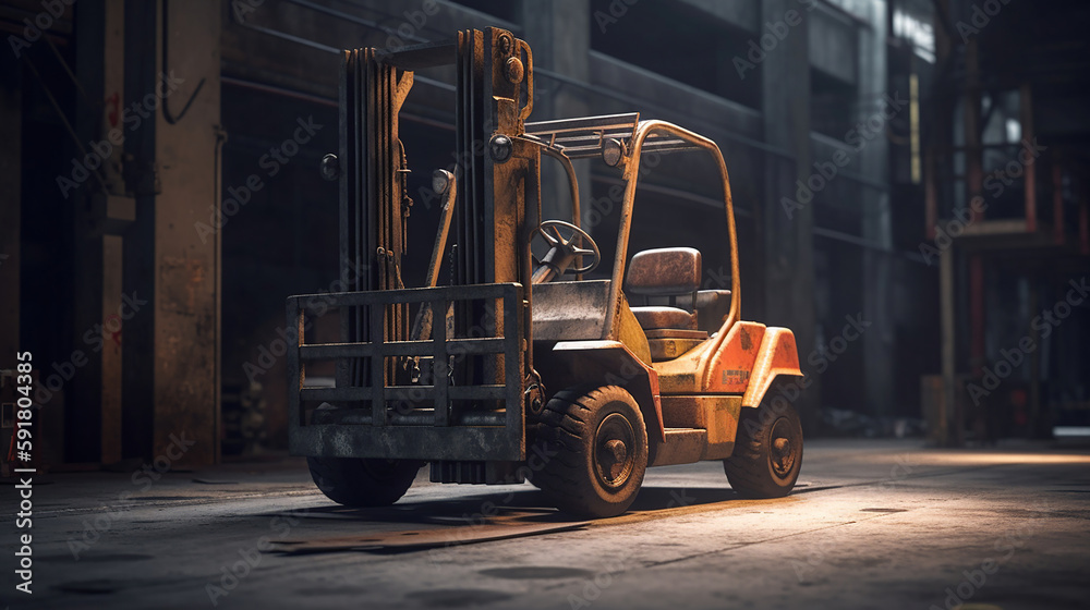 Forklift standing on industrial dirty concrete wall background