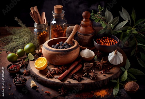 Panorama spices and herbs for food labels. Seasonings and flavors background. Generative AI © Lea