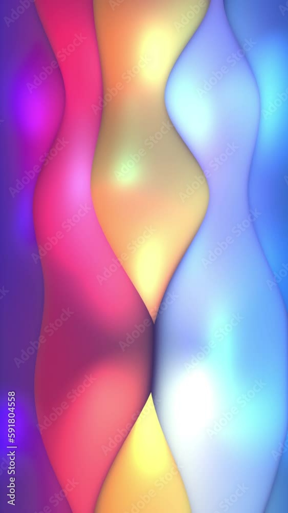 Abstract 3D loop background. Squishy vertical waves in cyan, blue, purple, pink, red, orange, yellow, white. Vertical format. Abstract 3D loop background. Squishy vertical waves in cyan, blue, purple, pink, red, orange, yellow, white. Vertical format.