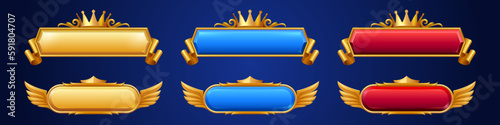Gold fantasy game button set with crown and wings cartoon vector. Medieval golden title border in yellow, blue and red for vintage royal menu app interface. Isolated blank ornate panel illustration