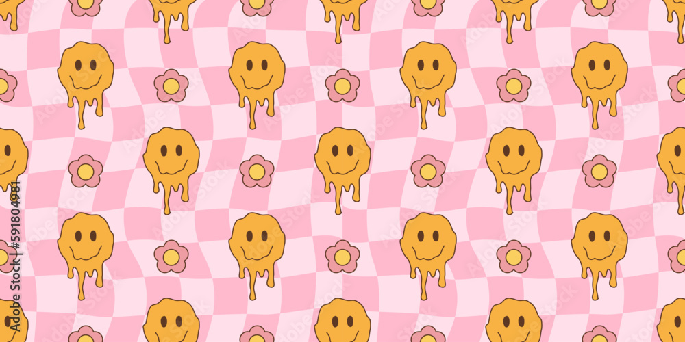 Melted smiley faces and flowers, groovy seamless pattern. Retro hippie psychedelic style vector wallpaper in 60s, 70s, 80s Melted smiley faces and flowers, groovy seamless pattern. Retro hippie psychedelic style vector wallpaper in 60s, 70s, 80s