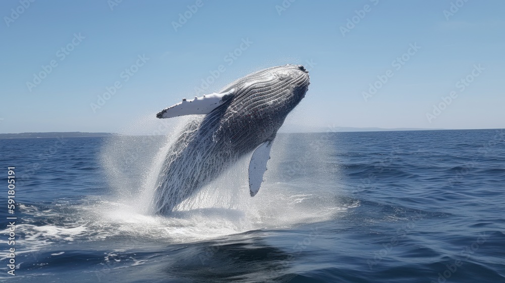 Fototapeta premium Aerial view of a majestic whale breaching in open ocean. Generative AI