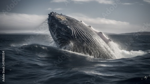 Aerial view of a majestic whale breaching in open ocean. Generative AI © bomoge.pl