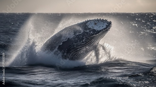 Aerial view of a majestic whale breaching in open ocean. Generative AI © bomoge.pl