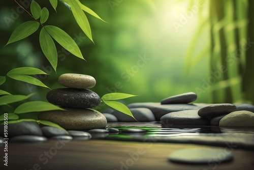 Bamboo and stones in a wellness spa. Zen Stones and Bamboo on the water. relax  enjoy at spa concept. Generative AI