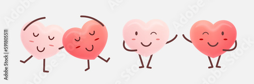 Set of cute heart cartoon design. Pink and red heart icon symbol. Cute funny heart expression face clipart sticker design vector illustration