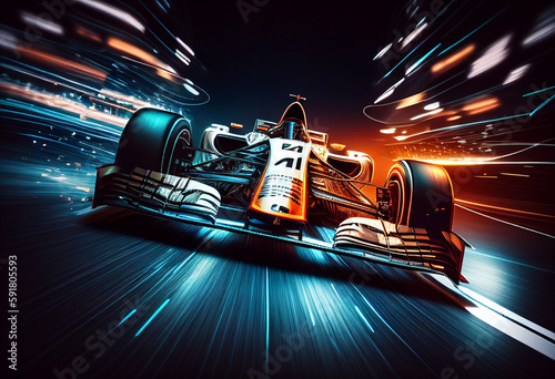 Racing car speeding past in a night time race, Generative ai,