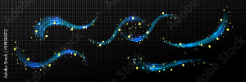 Blue wind air flow magic light wave vector effect. 3d breeze trail with yellow star spark stream isolated curve. Abstract graphic frosty shine wizard glitter dust powder with fragrance swoosh line.