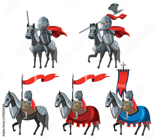 Set medieval knight cartoon character