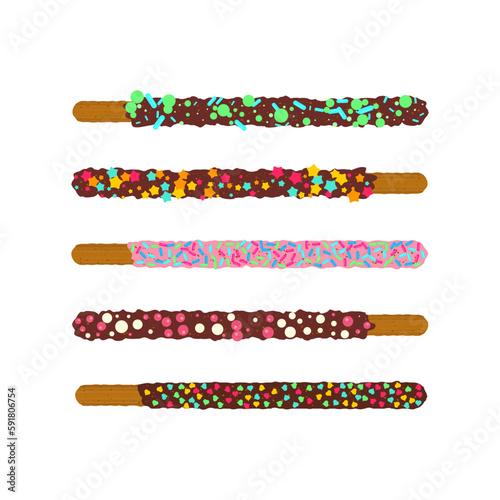 Assorted chocolate chip cookie sticks dipped in sprinkles. Decorated popping candy for Pepero day in Korea. Frosted biscuits with different flavours. Vector illustration