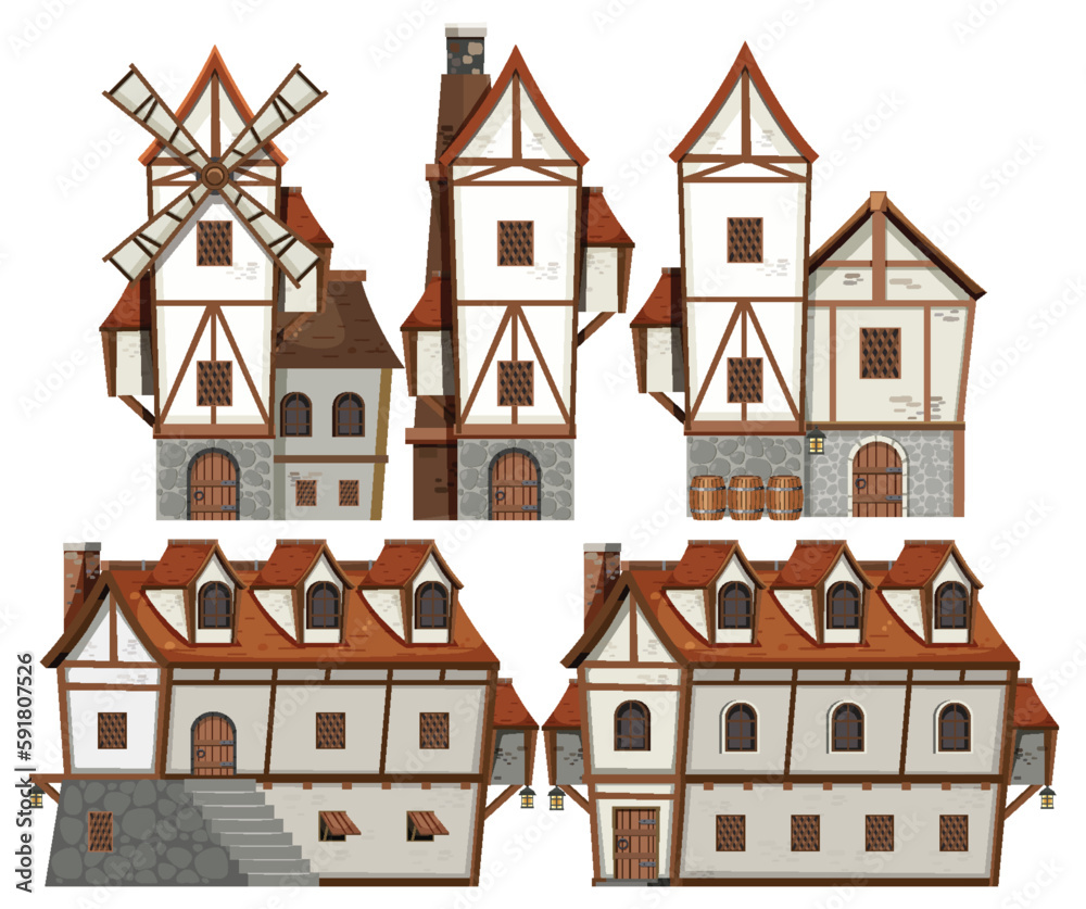 Set of medieval house and object cartoon