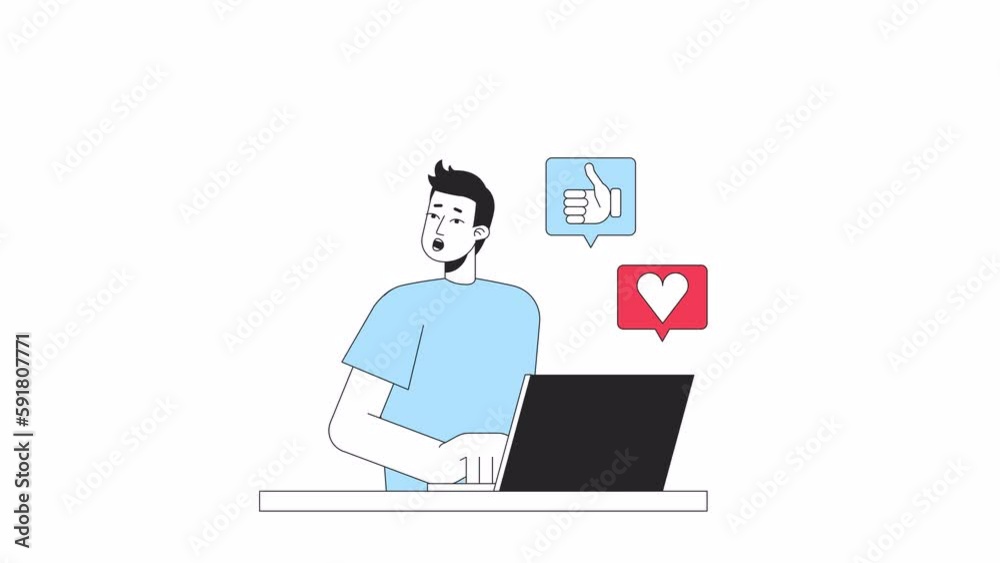 Social media overwhelm animation. Guy looking away from laptop isolated 2D cartoon flat colour line character 4K video footage on white background with alpha channel transparency for web design Social media overwhelm animation. Guy looking away from laptop isolated 2D cartoon flat colour line character 4K video footage on white background with alpha channel transparency for web design