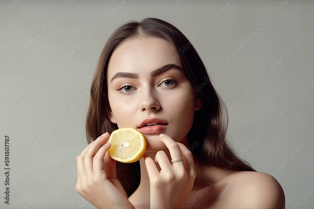 Close up of a beautiful woman holding a lemon in her hand. Ai generative. Close up of a beautiful woman holding a lemon in her hand. Ai generative.