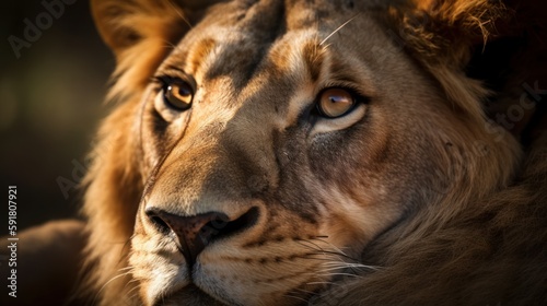 Close-up portrait of a lion s face resting on the African savannah. Generative AI