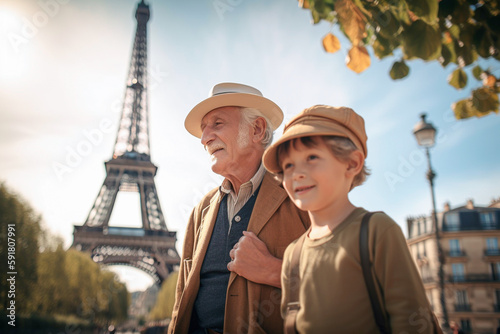 Grandfather and grandson walking hand in hand through Paris with the Eiffel Tower in the background on a summer day