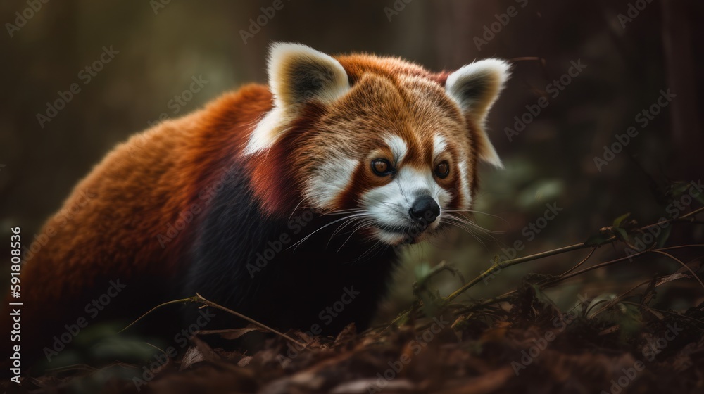 Adorable red panda eating bamboo in its natural habitat. Generative AI Adorable red panda eating bamboo in its natural habitat. Generative AI