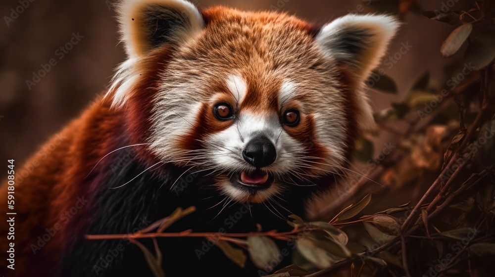 Obraz premium Adorable red panda eating bamboo in its natural habitat. Generative AI