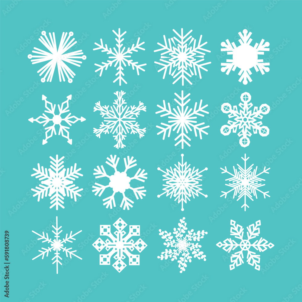 Set of 16 white vector snowflakes