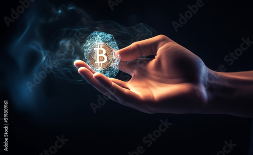 A hand holds a gold bitcoin with the word cryptocurrency on it 