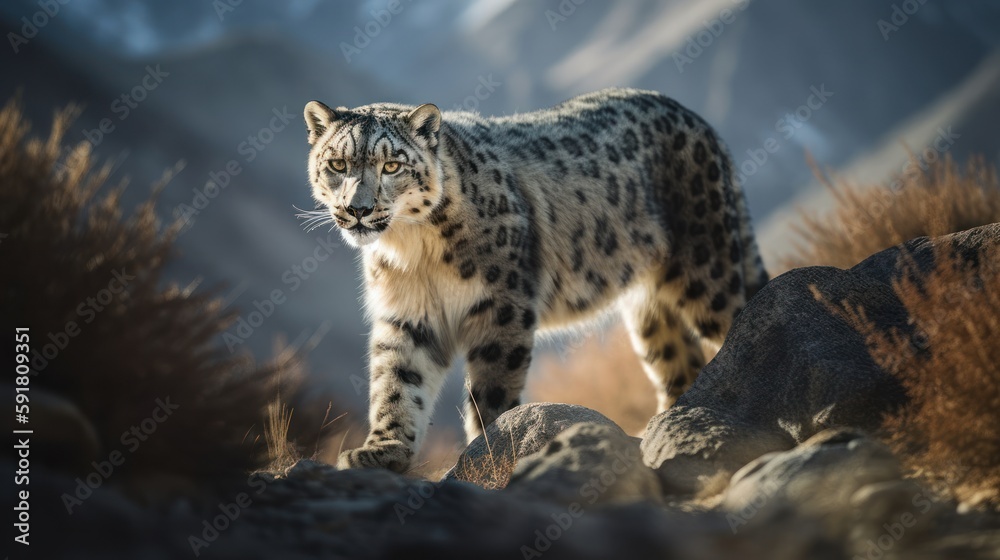 Magnificent snow leopard walking through Himalayan mountain range. Generative AI