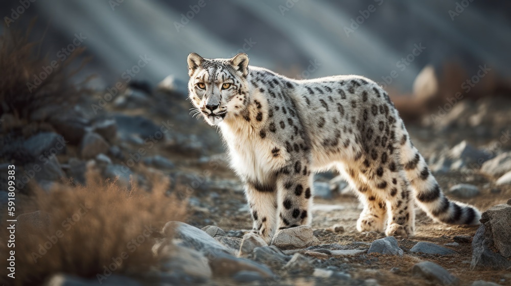 Obraz premium Magnificent snow leopard walking through Himalayan mountain range. Generative AI