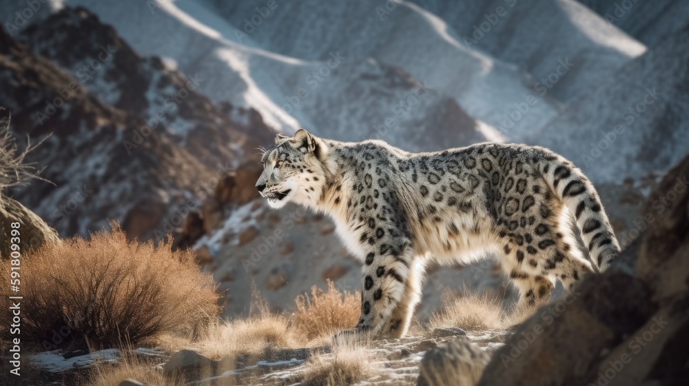 Obraz premium Magnificent snow leopard walking through Himalayan mountain range. Generative AI