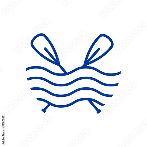 Logo aislado con silueta lineal de remos cruzados de kayak, canoa o paddle surf con olas de mar	