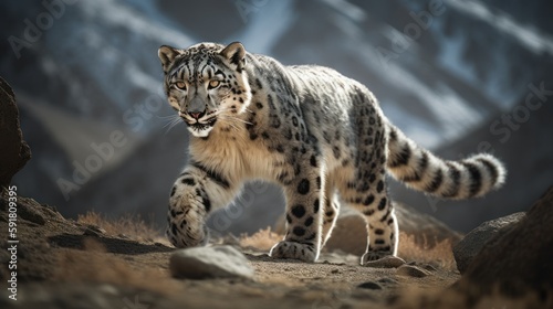 Magnificent snow leopard walking through Himalayan mountain range. Generative AI photo