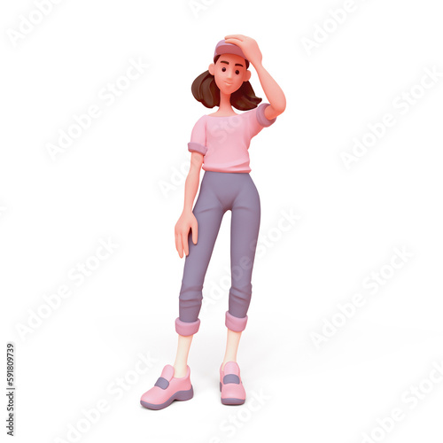 Foto Cute kawaii positive asian colorful k-pop girl in fashion casual clothes blue pants, pink t-shirt touches her head with hand, stands with confused face expression