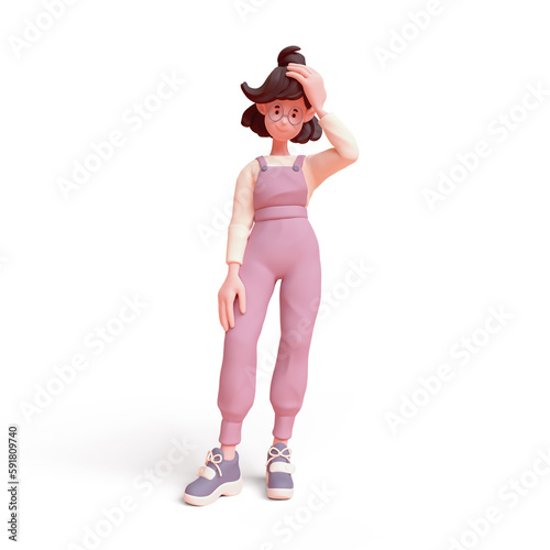 Fototapete Cute kawaii positive asian colorful k-pop girl in fashion casual clothes purple overalls, t-shirt touches her head with hand, stands with confused face expression