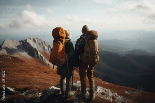 Zwei Wanderer mit Rucksack stehen auf ein Berg und betrachtendie Landschaft