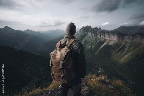 Wanderer mit Rucksack steht auf ein Berg und betrachtet die Landschaft