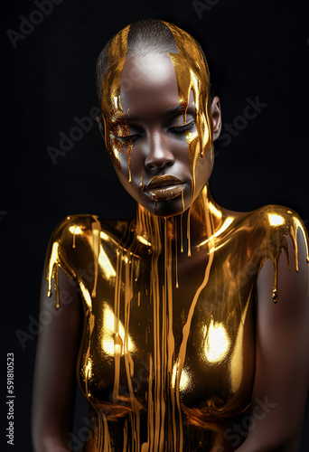 Portrait of a beautiful young girl with golden paint running down her face. Dark black background. Illustration, Generative AI.