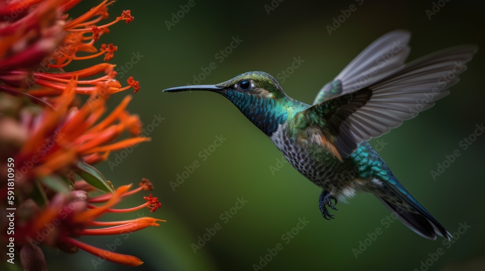 Obraz premium Hummingbird hovering in mid-air while drinking nectar from a flower. Generative AI
