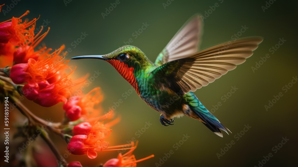 Obraz premium Hummingbird hovering in mid-air while drinking nectar from a flower. Generative AI