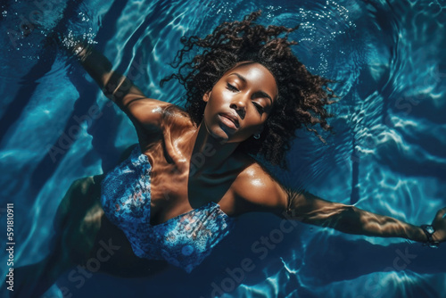 Beautiful black woman floats on the water in the pool, generative ai